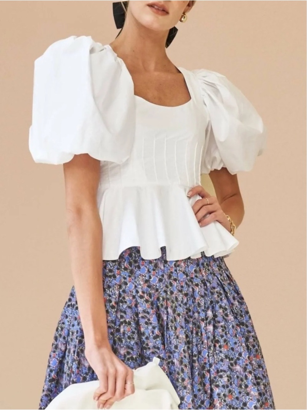 Hunter Bell White Camille Puff-sleeve Peplum Pleated Scoop Neck Blouse Size 6